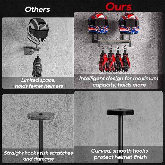 Motorcycle Helmet Holder Wall Mount, Helmet Rack with 4 Glove Clips, Motorcycle Gear Rack Storage, Motorcycle Accessories Organizer for Entryway or Garage