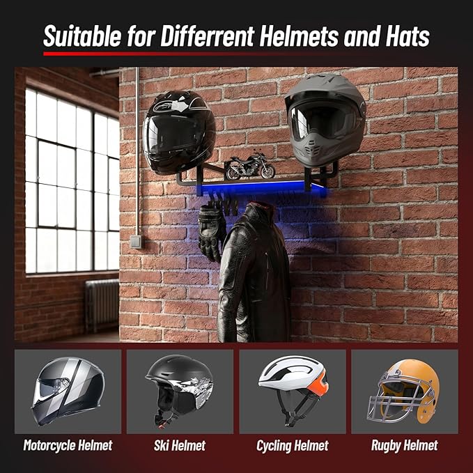 Vieshful Motorcycle Helmet Wall Mount Rack, Heavy Duty Helmet Holder with RGB Light Strip – Gear Display Shelf for Jackets, Gloves & Motorcycle Accessories Organizer, Garage & Entryway