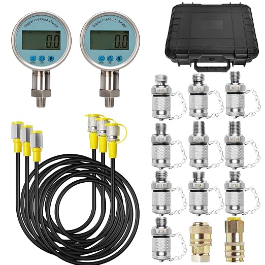 Digital Hydraulic Pressure Test Kit, Hydraulic Pressure Gauge Tester Set with 2 Digital Gauges (16MPa/80MPa)