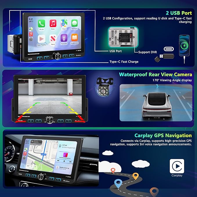 7" Single Din Touchscreen Radio, Floating Car Stereo with Wireless Apple CarPlay & Android Auto,30° Adjustable HD IPS Touchscreen,FM/AM,Bluetooth 5.2,USB & Type-C,MIC,Physical Knob, Backup Camera