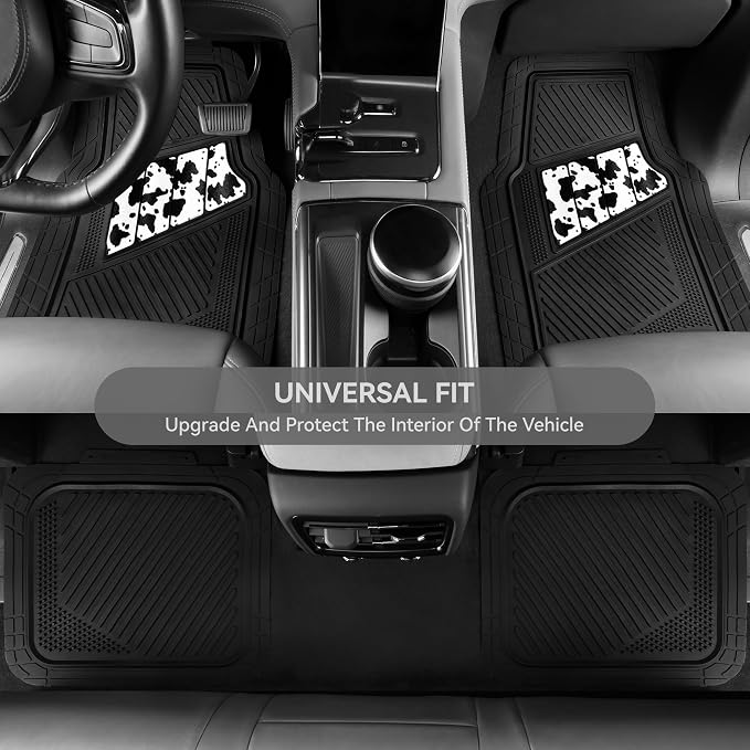CAR PASS Heavy Duty Rubber Floor Mats Cow Print Car Mats 4-Piece Car Mat Set - Universal Waterproof Floor Mats for Car SUV Truck, Durable All-Weather Mats