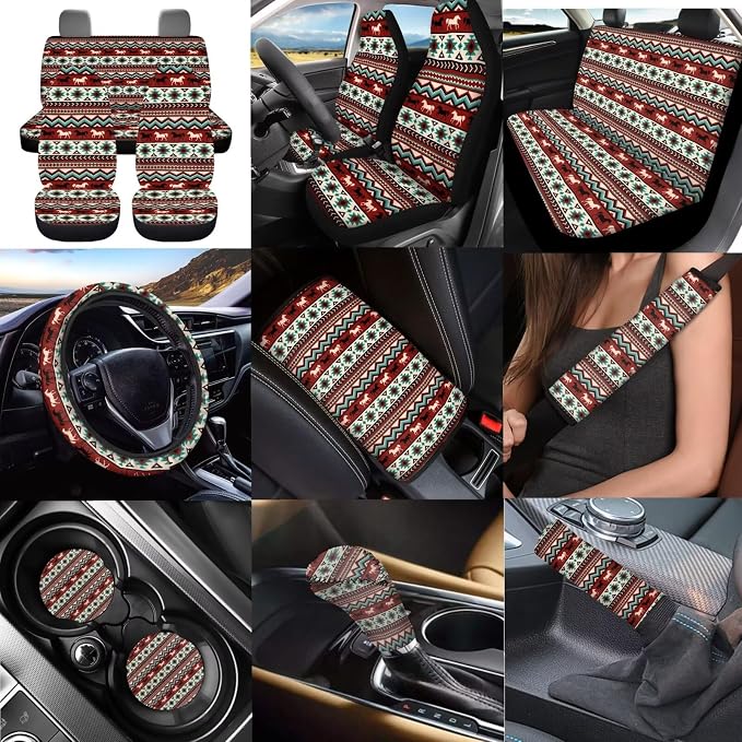 Dreaweet Navajo Seat Covers for Cars Full Set Native Tribal Horse Car Accessories Seat Covers with Steering Wheel Cover/Armrest Cover/Seatbelt Covers/Cup Holders/Gear Shift Cover/Handbrake Cover,12Pcs