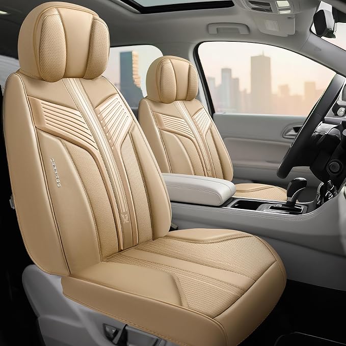 CAR PASS Nappa Leather Seat Covers, Breathable Waterproof Car Seat Covers Full Set, Luxury 3D Sponge Support Full Coverage Seat Protector, Universal Fit SUV Pick-up Truck Sedan Automotive All Beige