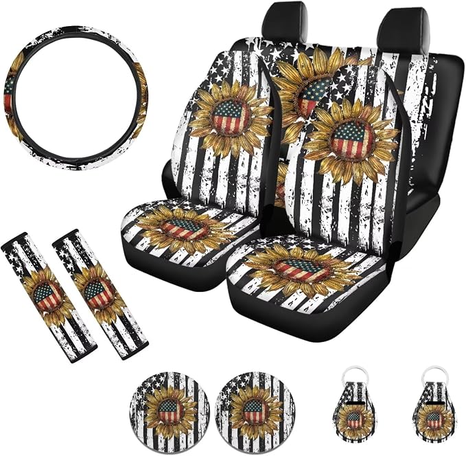 POLERO Sunflower and Flag Seat Covers for Cars Patriotic American Flag Front and Rear Bench Seat Cover Full Set Vintage Car Accessories 11pcs