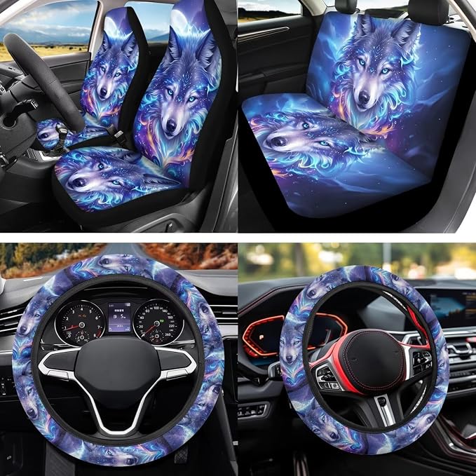 Wolf Car Seat Covers Full Set 12 Pack with Steering Wheel Cover Center Console Cover Keychain Holder and Car Seat Belt Cover Universal Fit Most Vehicles Cars SUV