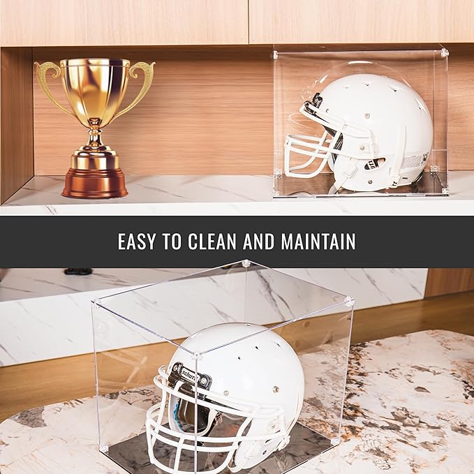 Football Helmet Display Case to Proudly Display your Team – Crystal Acrylic Dust and UV Protection Helmet Case with Black Base, Self-Assembly Clear Display Box for Football