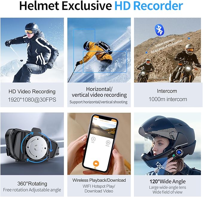 Motorcycle Helmet Bluetooth Headset, Wireless Camera Recorder with 1080P, 120°Wide Angle，HD Video/Photo, Body 360°Adjustment, Bluetooth 5.3, Smart Noise Reduction, IP66, 32GB TF Card