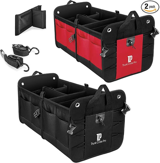 TRUNKCRATEPRO Save 15 per cent off bundle of 2 Collapsible Multi-Compartment Trunk Organizer Multi-Compartment storage for men and women (Black and Red)