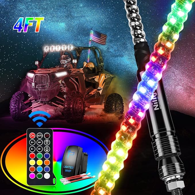 Nilight 1PC 4FT Spiral RGB LED Whip Light w/RGB Chasing/Dancing Lights RF Remote Control Lighted Antenna Whips for Can-am ATV UTV RZR Polaris Dune Buggy 4 Wheeler Offroad Jeep Truck