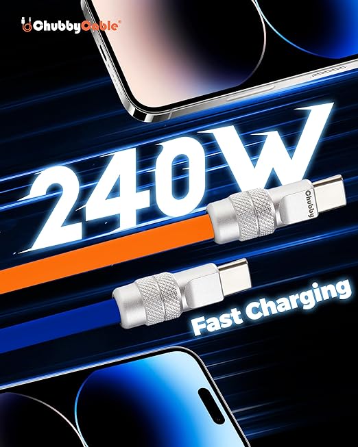 chubbycable Couple Chubby 2 Pack 240W USB C Cable Extra Thick Silicone Fast Charging Cable Compatible with iPhone 17-15 Series iPad Galaxy Series, Dark Blue+Orange, Type-C to Type-C, 19.6FT