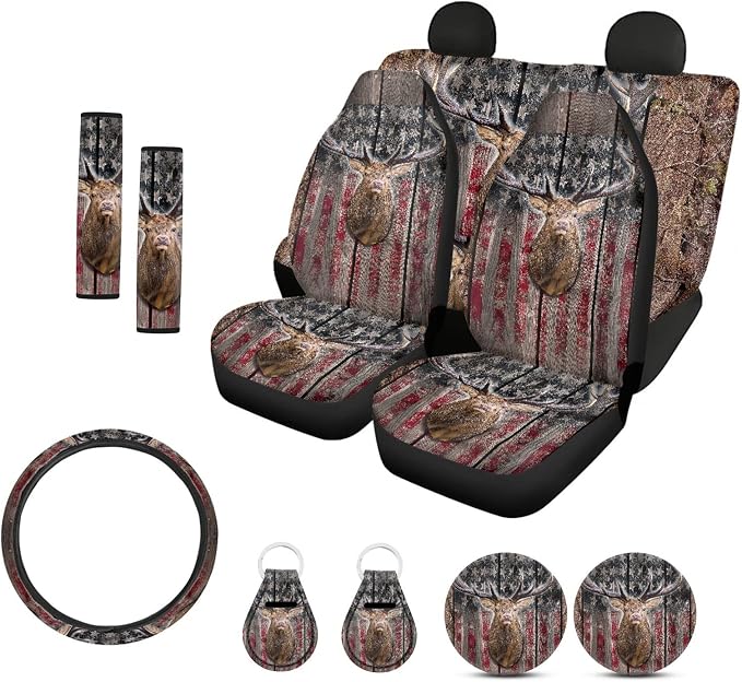 Xoenoiee 11 Pack Hunting Deer Camo American Flag Print Auto Accessories Car Seat Covers Full Set for Front & Rear Seat, SUV Car Steering Wheel Cover, Seat Belt Cover, Cup Coasters, Key Chains