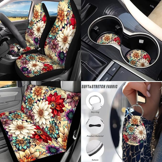 Hippie Lotus Car Seat Covers Full Sets with Front and Split Rear Bench Steering Wheel Cover Car Floor Mats Set of 4 Mandala Lotus Car Accessories Set 17 Pcs Universal Fit for Most Car SUV