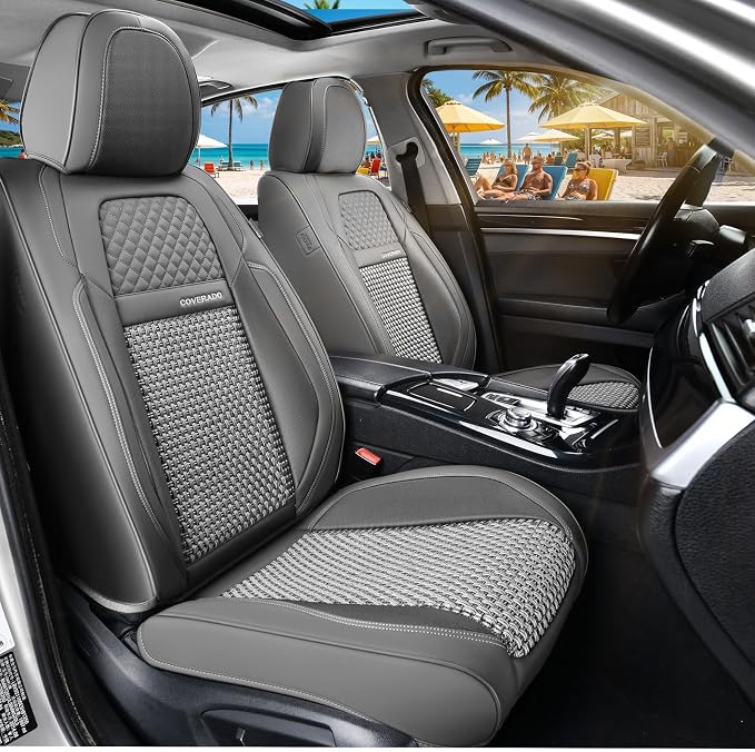 Coverado Car Seat Covers Front Seats, Waterproof Front Seat Covers Nappa Leather Seat Covers for Cars, Breathable Summer Car Seat Cushion Universal Fit for Most Cars SUV Trucks(Front, Gray)