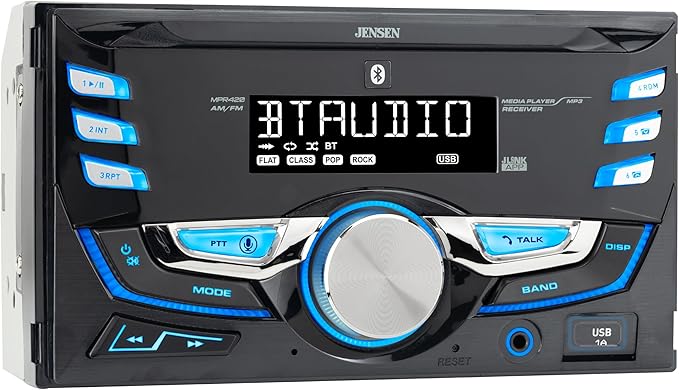 JENSEN MPR420 7-Character LCD Double DIN Car Stereo | Bluetooth Hands Free Calling & Music Streaming | Push to Talk Assistant | AM/FM Radio | USB Playback & Charging | Not a CD Player
