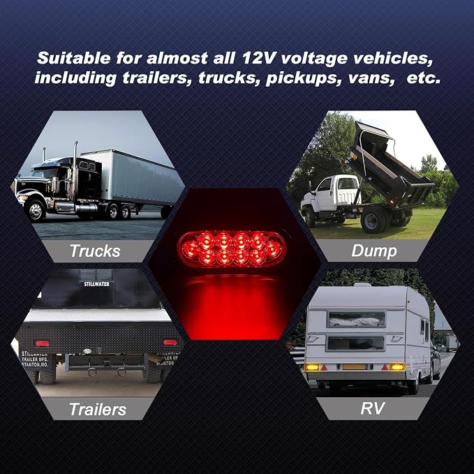 6" Oval LED Trailer Lights, Red 4 Pack, 12V | 6-inch oval, 4 red, smoked lens, IP65 waterproof, 3-wire plug-and-play, stop/turn/tail, high brightness