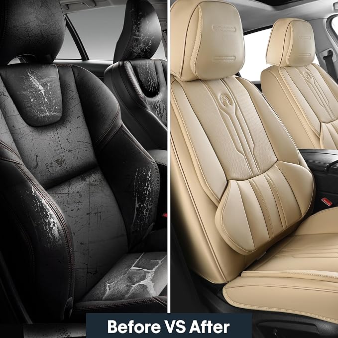 AOOG Seat Covers Custom Fit for Dodge Ram 1500/2500/3500 2002-2025 Faux Leather Seat Cover Set Compatible with Crew, Regular, Quad, Mega Cab, Car Truck Cushions (Beige, Curved Rear, Full Set)