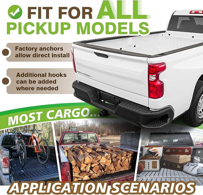 Muslogy Truck Bed Cargo Net Trunk Netting Compatible with Pickup Bed Stretchable 4'x6' to 8'x12' Accessories, Pickup Cargo Organizer SUV Sedan Storage Net w/Heavy Duty Carabiners