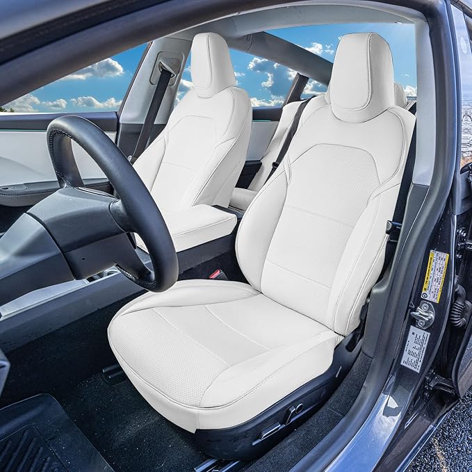FH Group Custom Fit Seat Covers Compatible with Tesla Model 3 2024–2026 Front Set Seat Covers for Tesla Sedan (2 Front Seats + Console) Faux Leather Car Seat Covers, Solid White