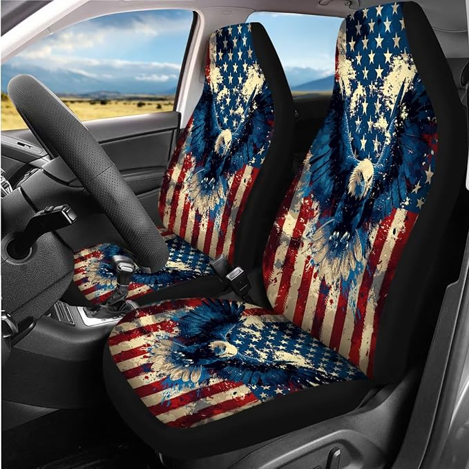 8 Pcs American Flag with Eagle Theme Car Accessories Set, Car Seat Covers Full Set with Auto Steering Wheel Cover Center Console Pad Seat Belt Covers, Patriotic Decorations