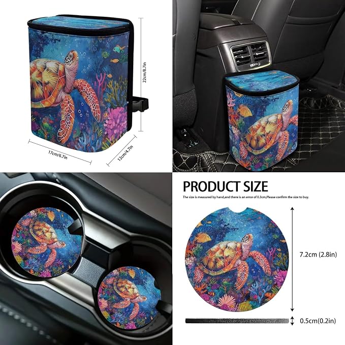 Suobstales Sea Turtle Print Car Accessories Set of 13, 4 Auto Seat Covers, 1 Steering Wheel Cover, 1 Car Trash Can, 2 Seat Belt Covers, 2 Coasters, 1 Rearview Mirror Cover, 2 Keychians