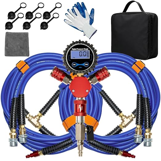 4 Way Tire Inflator System, Fits Up to 155" Wheelbase, Rapid High Flow Off Road Tire Deflator Kit, Universal 4 Way Tire Air Up Down Hose Kit for Truck Car Motorcycles Off Road Vehicles
