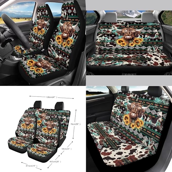 Wanyint Aztec Highland Cow Sunflower Car Seat Cover Seat Protector 15 PCS, with Steering Wheel Cover Seat Belt Pad Garbage Bag Air Vent Bag Rearview Mirror Cover Coasters Key Chain Universal Fit