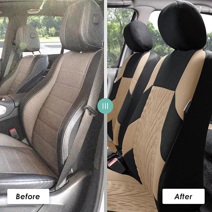 FFH Group Three Row Set 7 Seater Beige Travel Master Car Seat Covers, Airbag and Split Rear Car Seat Cover Universal Fit Interior Accessories for Cars Trucks SUV, Automotive Seat Covers