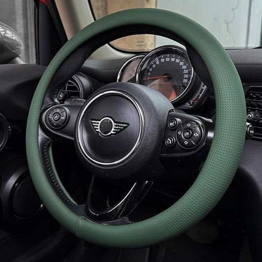 PINCTROT Nappa Leather Steering Wheel Cover, Slim Fit No Bulk Design, One Piece Leather with Breathable Perforation, Fit Like Gloves, Universal 14.5-15 Inch(Nappa Green)