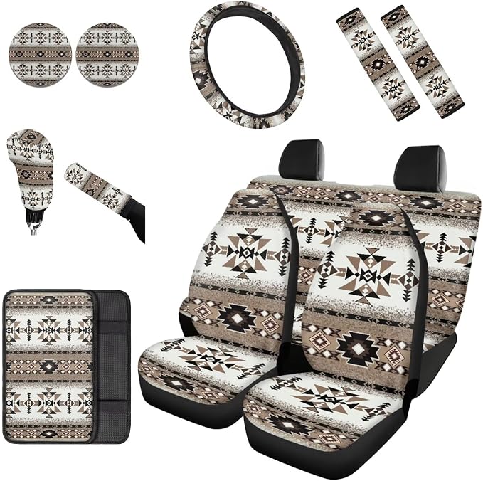 Dreaweet Tribal Car Seat Covers Full Set Geometric Pattern Car Decor Universal Car Seat Covers with Steering Wheel Cover/Armrest Cover/Seat Belt Pads/Coasters/Gear Shift & Handbrake Cover,12 Pcs Set