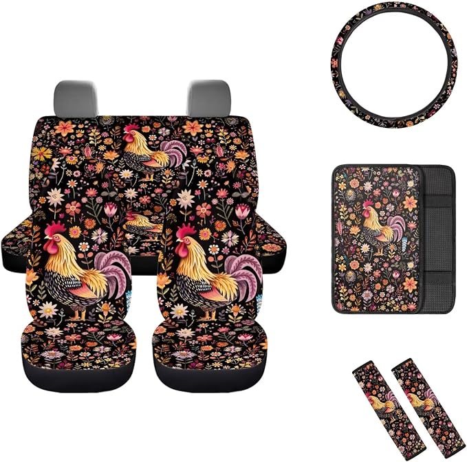 Mumeson Floral Rooster Car Front Seat & Rear Bench Covers Set + Steering Wheel Cover + Seat Belt Shoulder Pads + Armrest Cushion for Car 8 Pack Car Accessories Decor