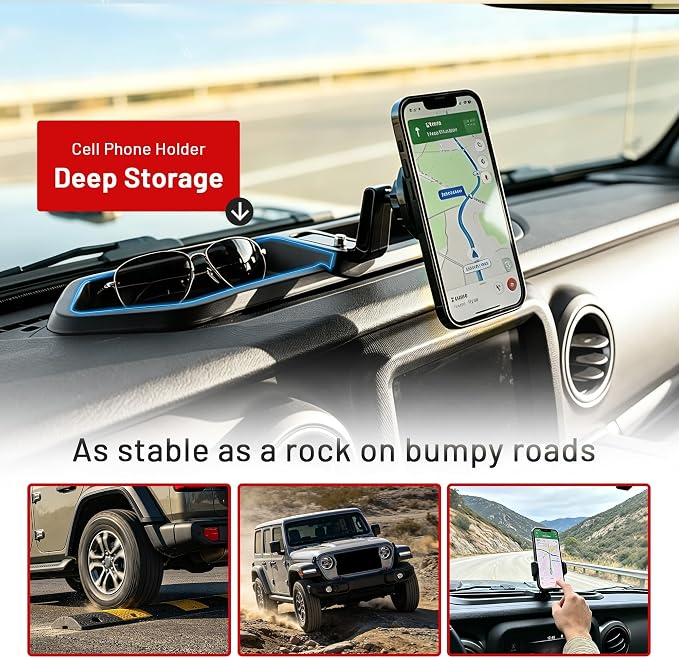 Dash Magnetic Phone Mount for 2018-2023 Jeep Wrangler JL JLU & Gladiator JT Accessories (NOT for 4XE), Multi-Mount 360° Rotating Phone Holder Dashboard Tray with Metal Rod