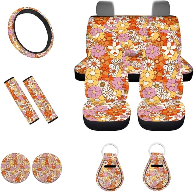 POLERO 70S Car Seat Covers Set for Women Groovy Floral Steering Wheel Cover Retro Hippie Flower Seatbelt Covers Cupholder Coasters with Cute Keychains, 11pcs