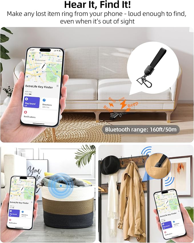 Keychain, Works with Apple Find My, Leather Car Keychain for Women and Men, Car Key Fob Holder, Key Chain with GPS Tracker, Anti-Lost Smart Keys Finder, Rechargeable, Black