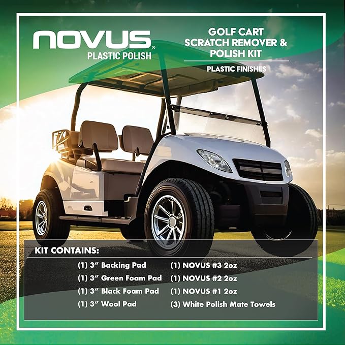 Novus Plastic Polish | Golf Cart Maintenance Kit | Includes Plastic Polish #3#2#1-2 Ounces Each, 2 Buffing Pads, Backing Drill Attachment, 3" Wool Pad, 3 Disposable Wipes