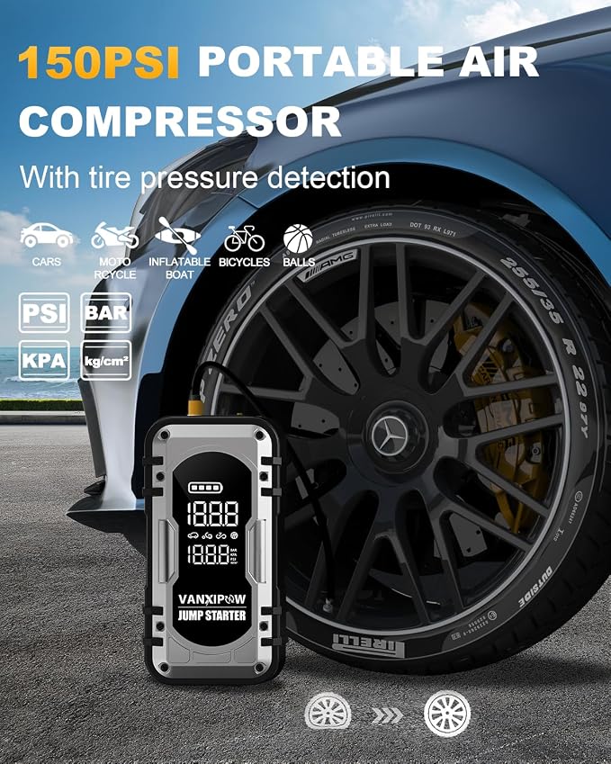 8000A Portable Car Battery Jump Starter with Air Compressor, 150PSI (9.0 L Gas/8.0L Diesel), 12V Jump Box Car Battery with 600 Lm LED Light, with Large LED Display, Power Bank