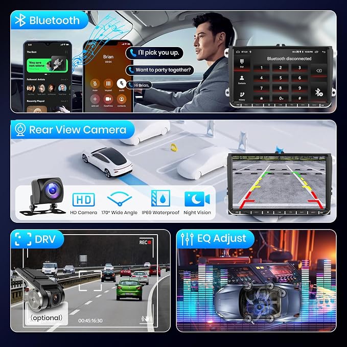 2G+64G for VW Passat Tiguan Golf Jetta T5 EOS Polo Skoda Android Car Stereo with Wireless Carplay Android Auto, 9“ Touch Screen Bluetooth Car Radio Support GPS Navigation WiFi FM SWC+Backup Camera