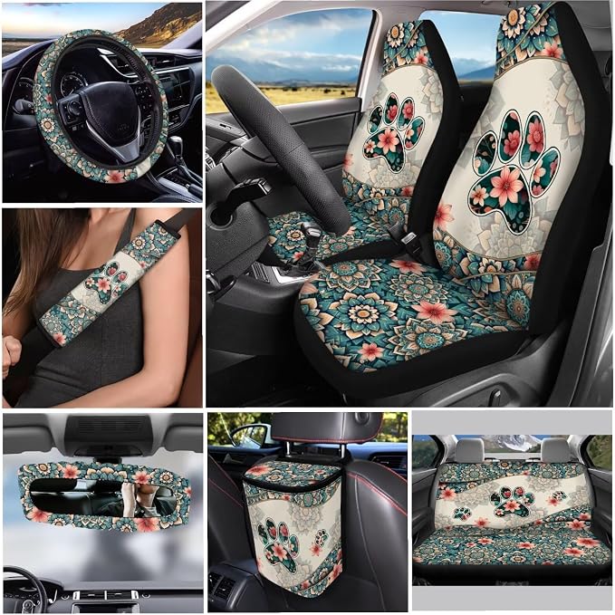 Car Accessories Set of 12, with Boho Mandala Dog Paw Car Seat Covers Full Set Steering Wheel Cover Seat Belt Pads Car Trash Can Rear View Mirror Cover for Auto Truck Van SUV