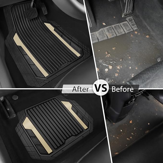 CAR PASS Heavy Duty Rubber Car Mats Metallic, Aluminum Film All Weather Floor Mats Waterproof Universal Trim to Fit for SUV Sedan Van 4 Piece Deep Dish Two-Tone Sporty Black Golden Chrome
