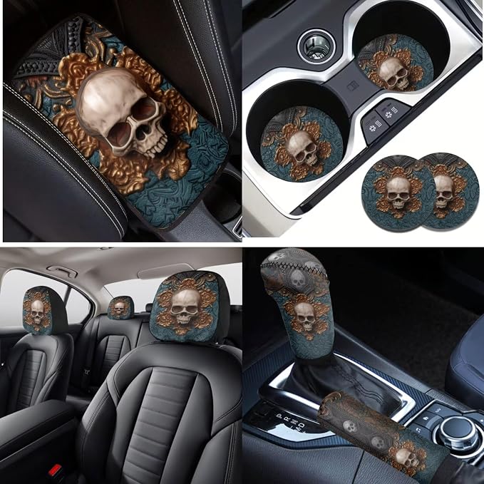 Lotusorchid Skull Print Automotive Seat Covers, Soft Comfy Car Seats Covers Full Set with Steering Wheel Cover Car Armrest Box Pad Seat Belt Cover Gear Shift Knob Covers for Most Vehicles