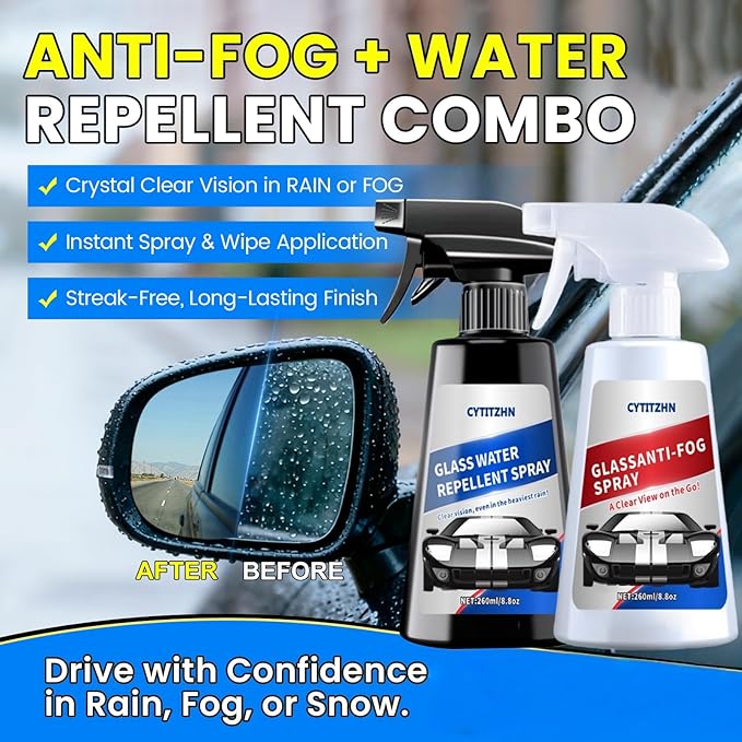 Water Repellent & Anti Fog Spray for Car Windscreen, Windows, Mirrors, Goggles, Helmets - Waterproof Defogger Spray for Automotive Glasses - Pack of 2