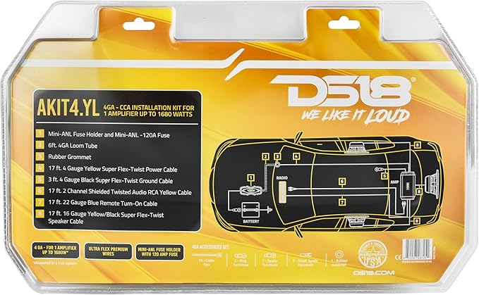 DS18 AKIT4.YL 4-GA Amplifier Installation Kit Up to 1680 Watts RMS, Mini-ANL Fuse Holder, Speaker & RCA Cables, CCA Amplifier Wiring Kit, Ultra Flex Wire, Amp Wire Kit, Amp Wiring Kit 4 Gauge - Yellow