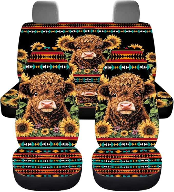 Dreaweet Car Seat Covers Full Set with Steering Wheel Cover/Armrest Cover/Seatbelt Covers/Cup Coasters/Gear Shift Cover/Handbrake Cover,12 Pcs Aztec Highland Cow Sunflower Car Accessories Deocr