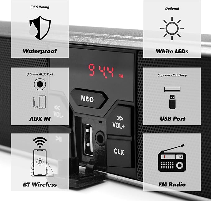 GoHawk Motorcycle Speakers Bluetooth Waterproof with LED Lights, AUX/FM Radio Stereo Sound System Built-in Amplifier, USB MP3 Music Player for Motorcycle, ATV