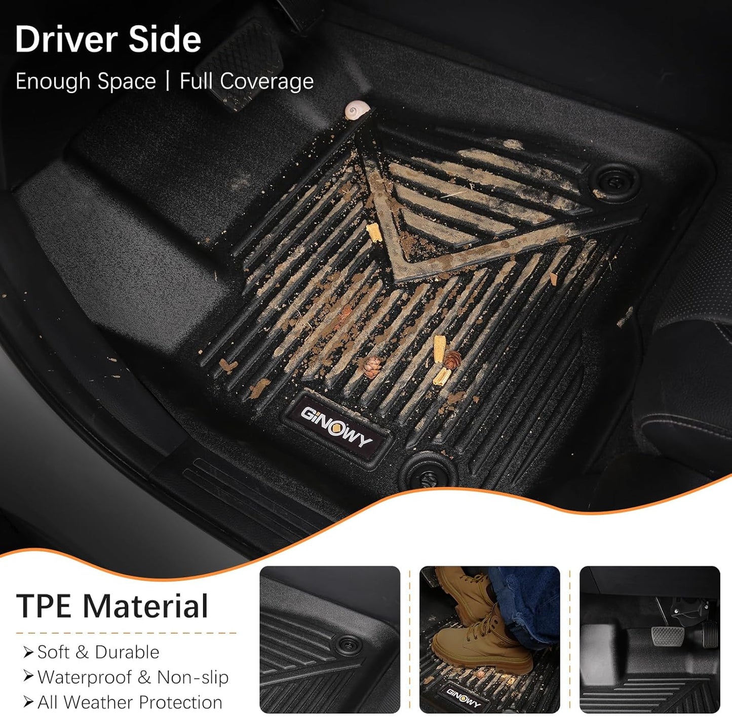 GINOWY- Floor Mats for Kia K5 2021-2024 2025(Only FWD Models) for Hyundai Sonata 2020-2025, TPE All Weather 2024 K5 Car Mats 1st & 2nd Row Non-Slip Durable Black