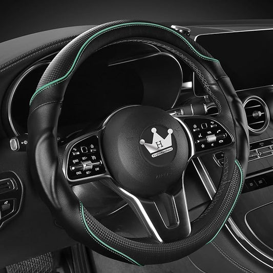 HighnessHwoo 3D Car Steering Wheel Cover Comfort Grip Massage Sporty Anti-Slip Carbon Fiber Faux Leather for F150, Trucks, Jeep, Van, Car Handle Covers for All Seasons, 15.2-16in, Green