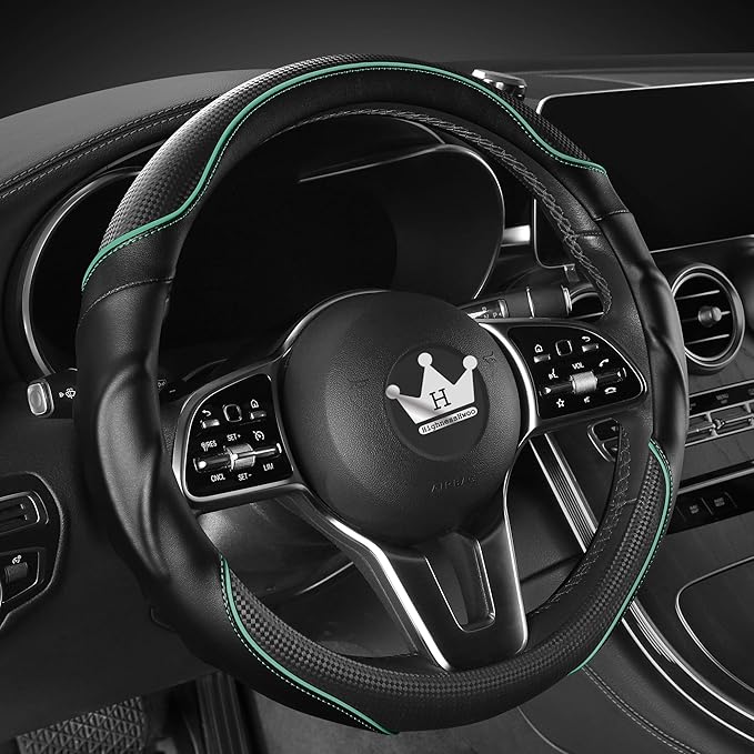 HighnessHwoo 3D Car Steering Wheel Cover Comfort Grip Massage Sporty Anti-Slip Carbon Fiber Faux Leather for Sedan SUV, Universal Fit, Car Handle Covers for All Seasons, 14.75-15.15in, Green