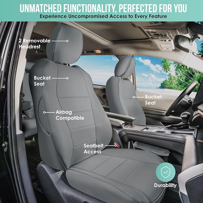 FH Group Custom Fit Car Seat Covers Specifically Made for 2021-2024 Toyota Sienna 7-8 Seater, Faux Leather Automotive Seat Covers - Front Set Solid Gray