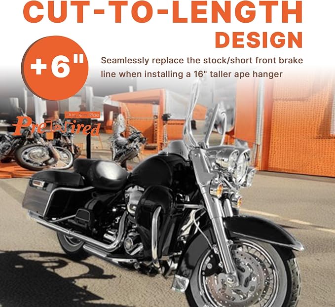 Front Dual Disc Brake Line 16" Handlebars Extension +6" Brake Cable NO ABS for Harley 2014-2023 Touring Road King/Road Glide/Street Glide/Electra Glide Models, Stainless Steel Braided, Chrome