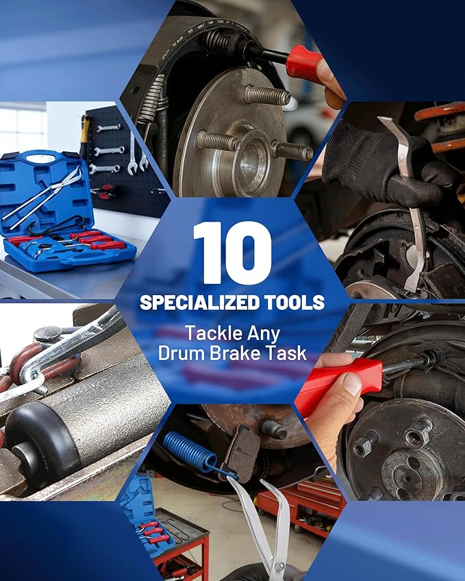 10-Piece Drum Brake Tool Kit with Case & Gloves - Professional Brake Spring Pliers, Remover, Installer, Compressor & Spoon Adjusting Tool Kit for Auto Repair - Heavy-Duty 45# Carbon Steel