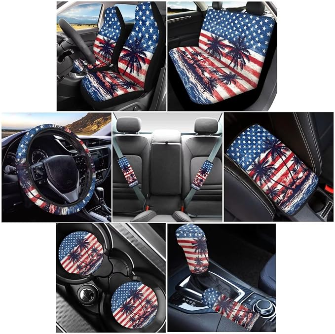 Wanyint Car Seat Cover Full Set 12 PCS, with Steering Wheel Seat Belt Strap Armrest Pad Handbrake Cover Gear Shift Cover Coasters Universal Fit for 4th of July, Hawaiian Palm Tree US Flag